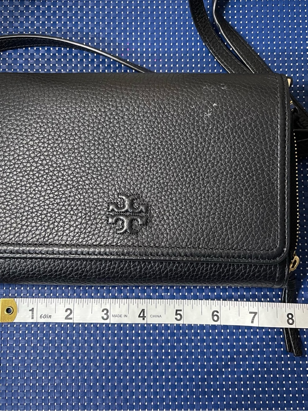 Tory Burch Black Pebbled Leather Wallet with Embossed Logo